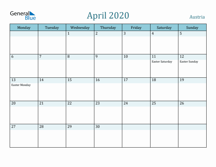 April 2020 Calendar with Holidays