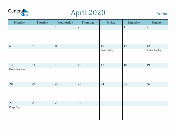 April 2020 Calendar with Holidays