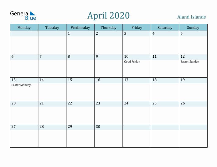 April 2020 Calendar with Holidays