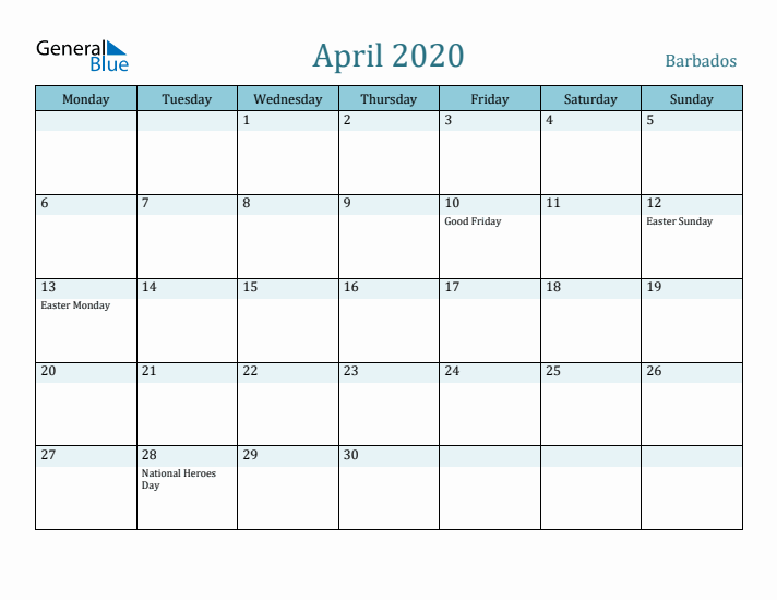 April 2020 Calendar with Holidays