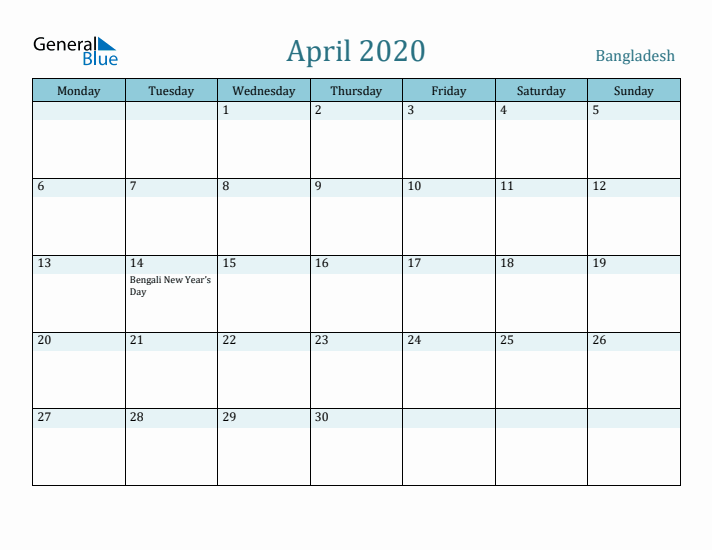 April 2020 Calendar with Holidays