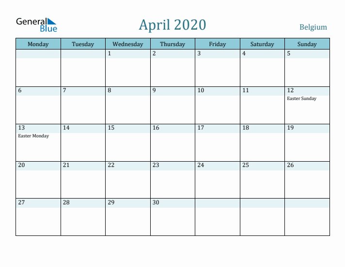 April 2020 Calendar with Holidays