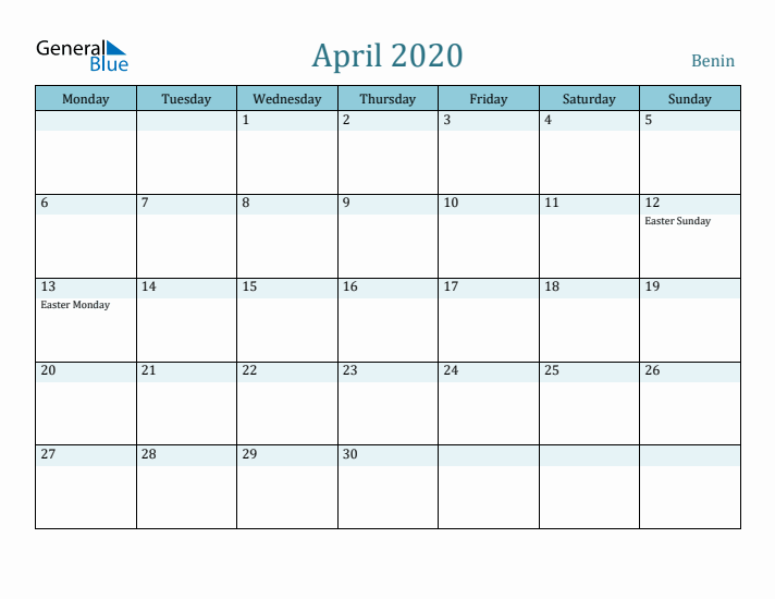 April 2020 Calendar with Holidays