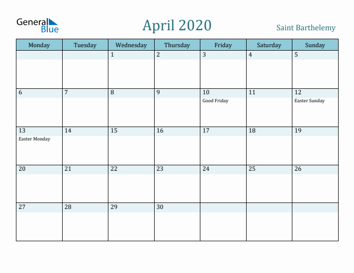 April 2020 Calendar with Holidays