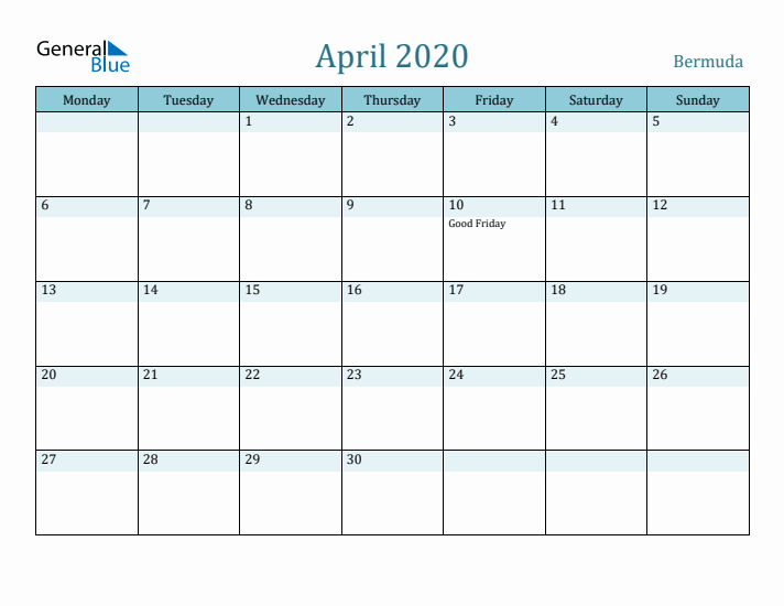 April 2020 Calendar with Holidays