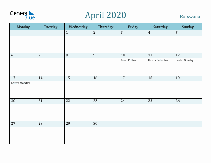 April 2020 Calendar with Holidays