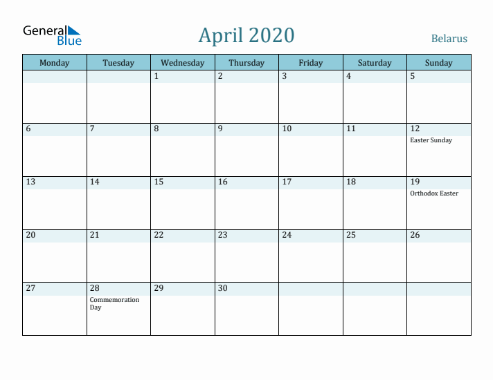 April 2020 Calendar with Holidays