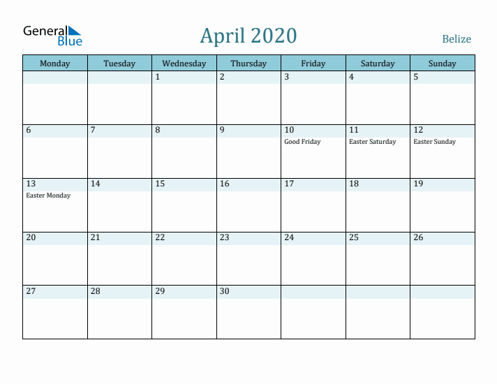 April 2020 Calendar with Holidays