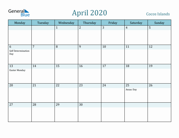 April 2020 Calendar with Holidays