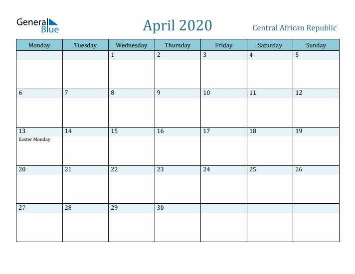 April 2020 Calendar with Holidays