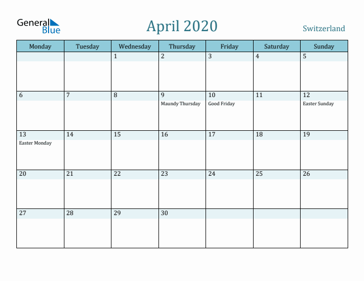 April 2020 Calendar with Holidays