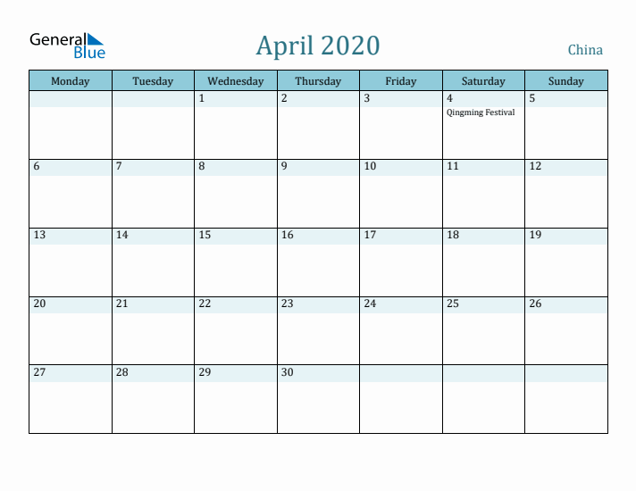 April 2020 Calendar with Holidays