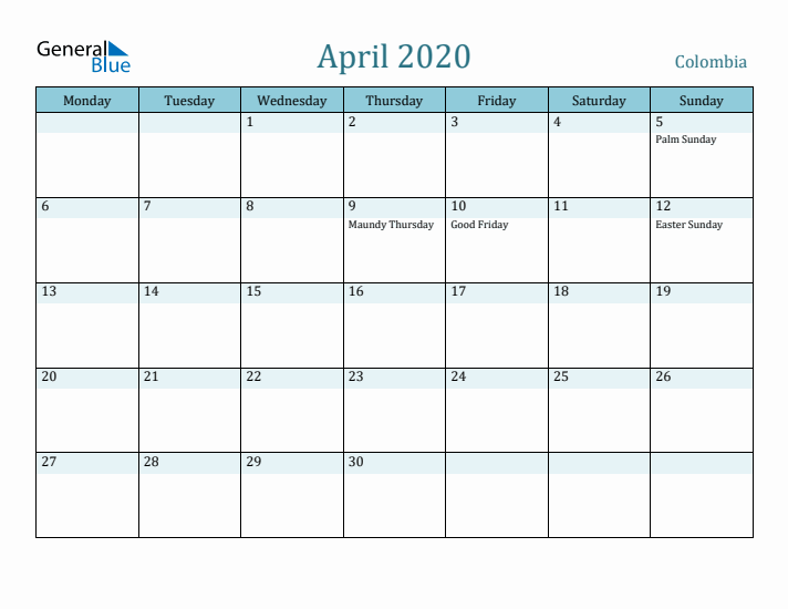 April 2020 Calendar with Holidays