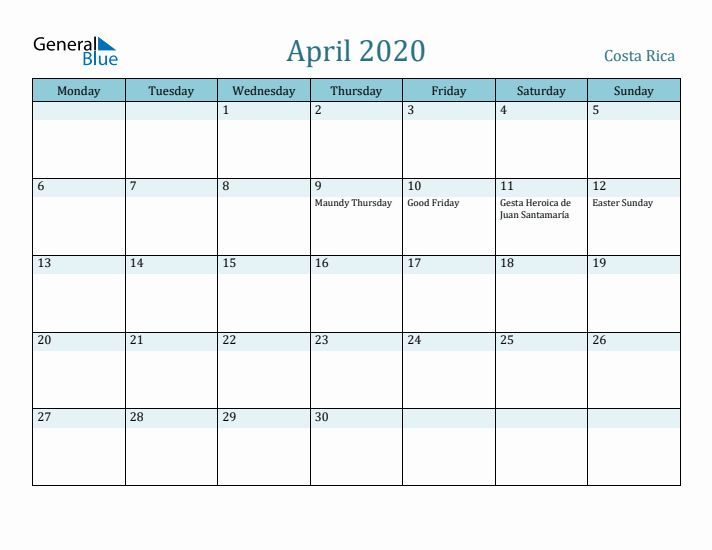 April 2020 Calendar with Holidays