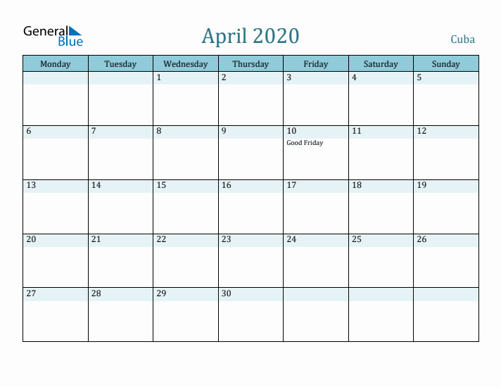 April 2020 Calendar with Holidays