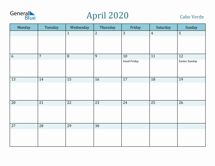 April 2020 Calendar with Holidays