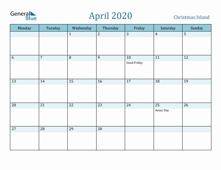 April 2020 Calendar with Holidays