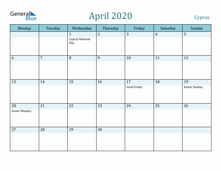 April 2020 Calendar with Holidays