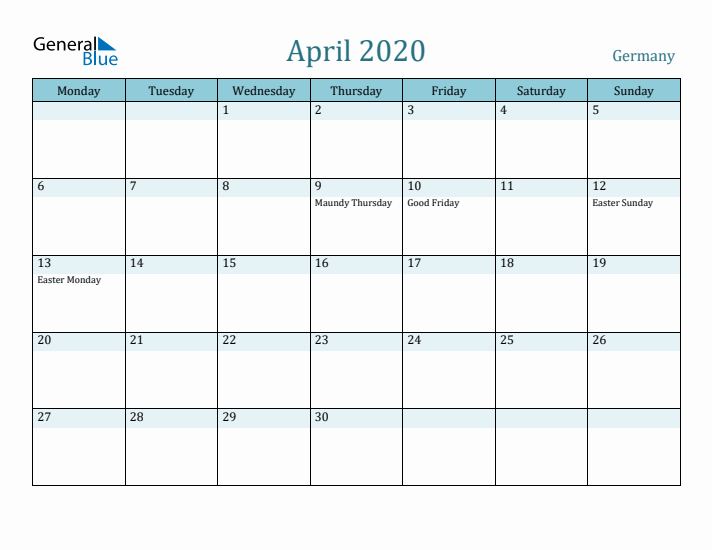 April 2020 Calendar with Holidays