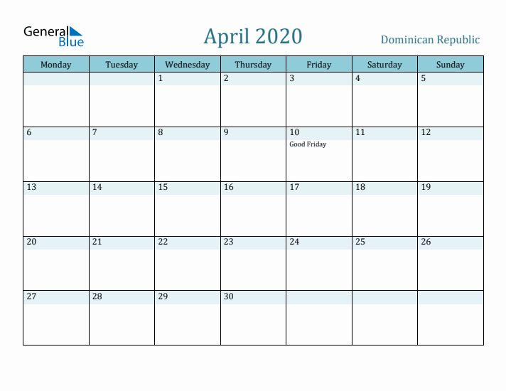 April 2020 Calendar with Holidays