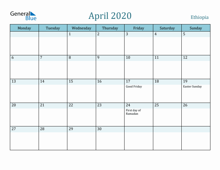 April 2020 Calendar with Holidays