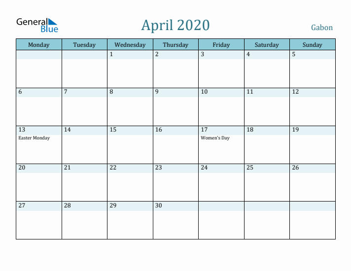 April 2020 Calendar with Holidays