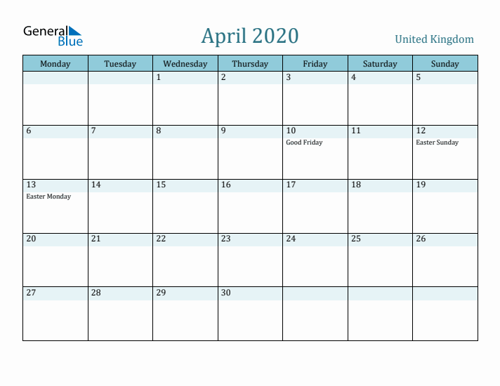 April 2020 Calendar with Holidays