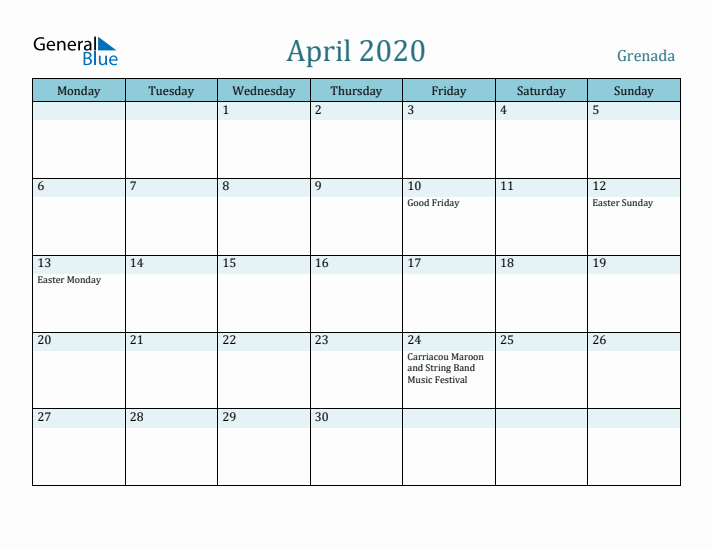 April 2020 Calendar with Holidays