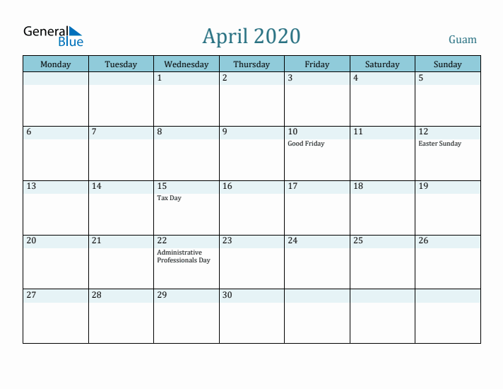 April 2020 Calendar with Holidays