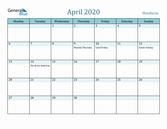 April 2020 Calendar with Holidays