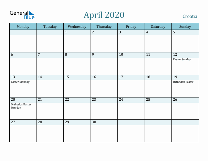 April 2020 Calendar with Holidays