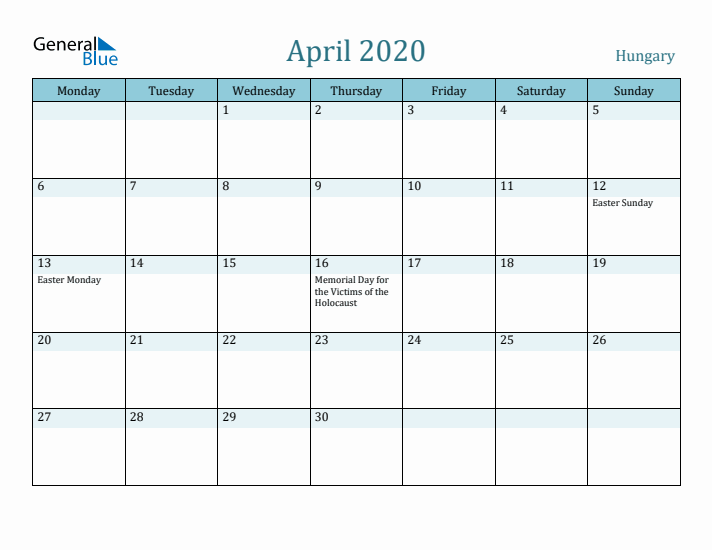 April 2020 Calendar with Holidays