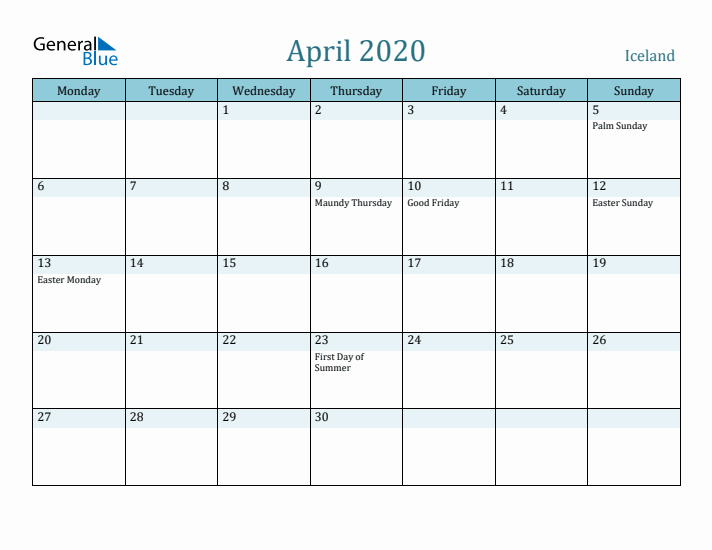 April 2020 Calendar with Holidays