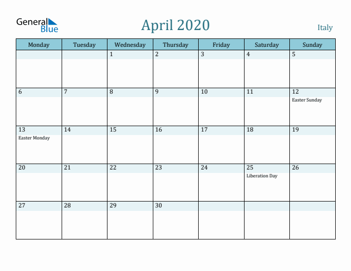 April 2020 Calendar with Holidays