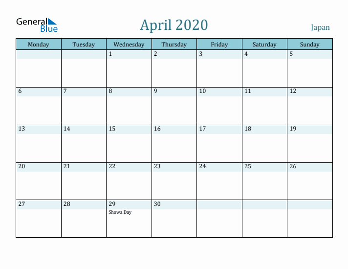 April 2020 Calendar with Holidays