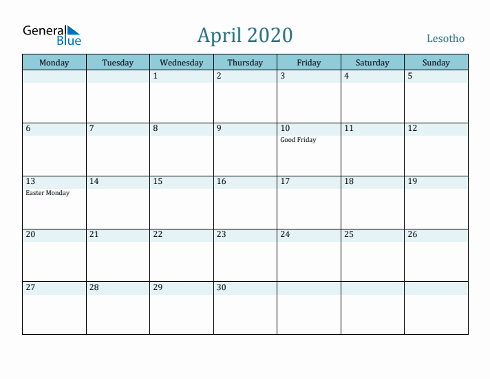 April 2020 Calendar with Holidays