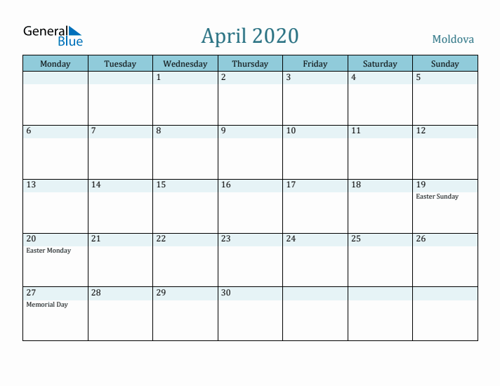 April 2020 Calendar with Holidays