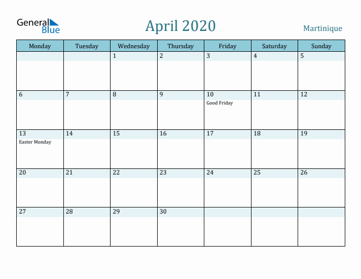 April 2020 Calendar with Holidays