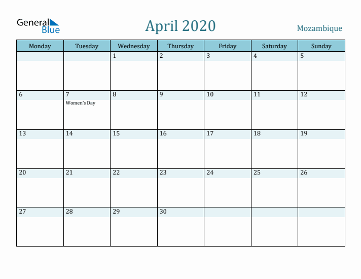 April 2020 Calendar with Holidays