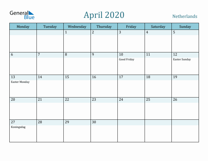 April 2020 Calendar with Holidays