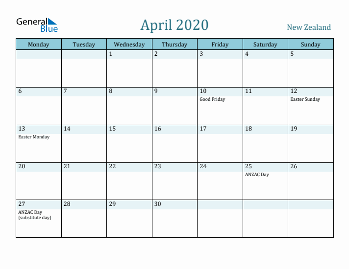 April 2020 Calendar with Holidays