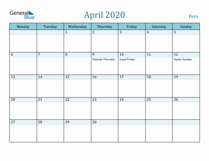 April 2020 Calendar with Holidays