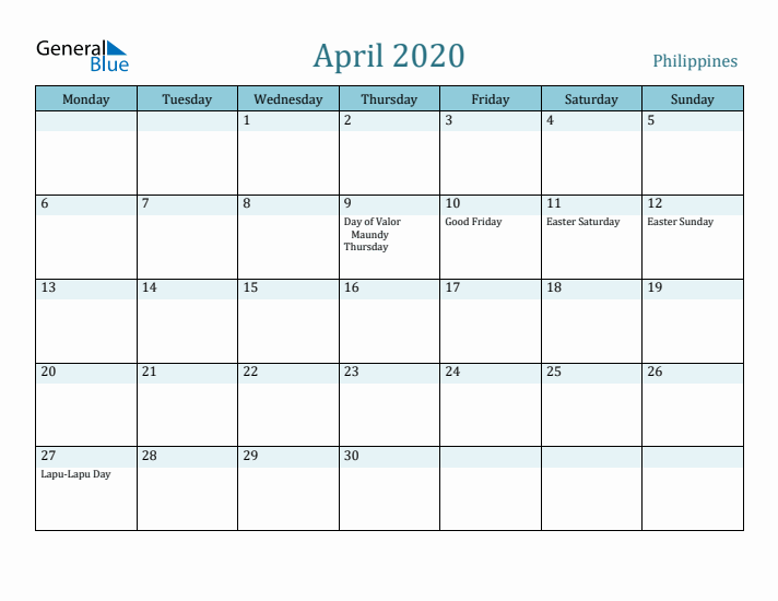 April 2020 Calendar with Holidays