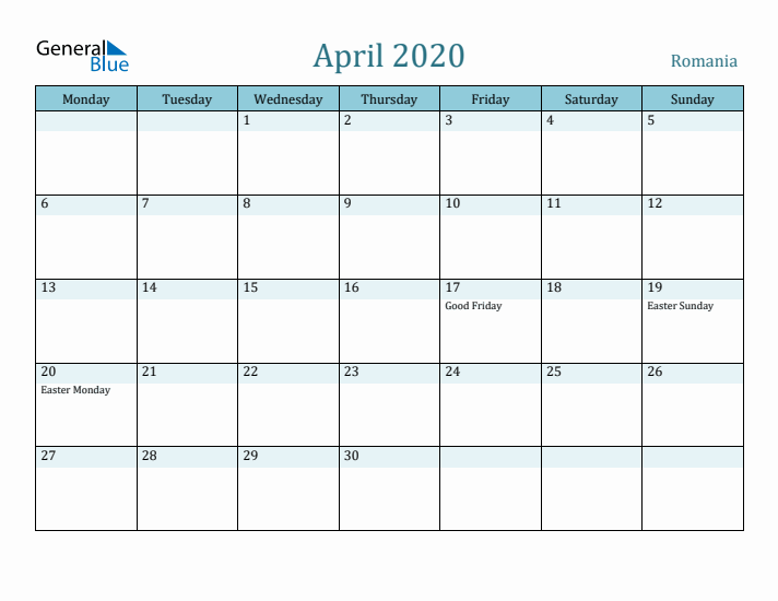 April 2020 Calendar with Holidays