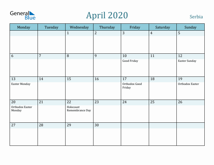 April 2020 Calendar with Holidays