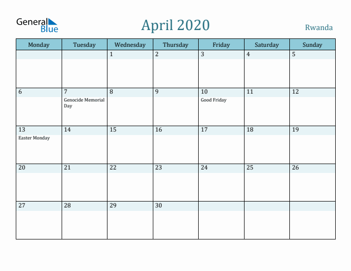 April 2020 Calendar with Holidays