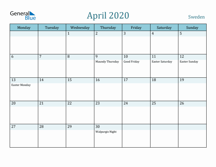 April 2020 Calendar with Holidays