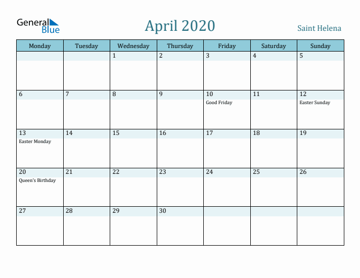 April 2020 Calendar with Holidays