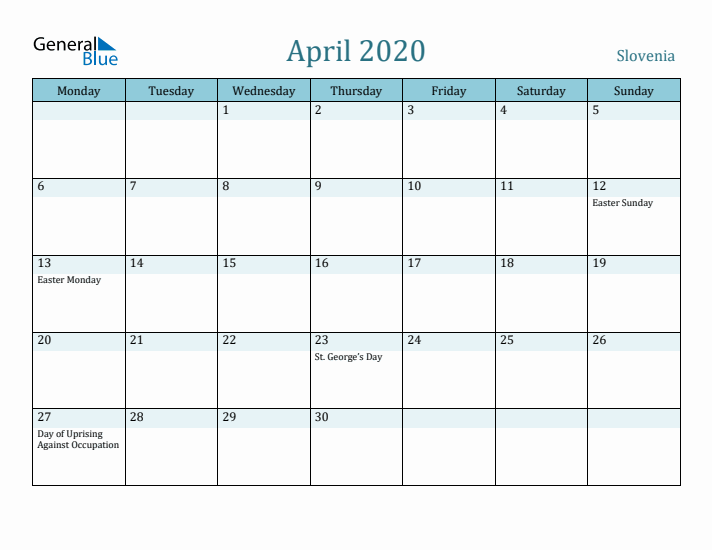 April 2020 Calendar with Holidays