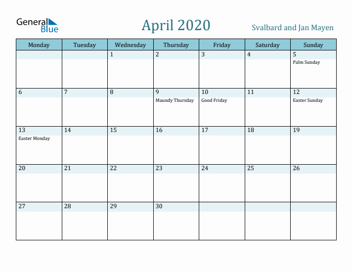 April 2020 Calendar with Holidays